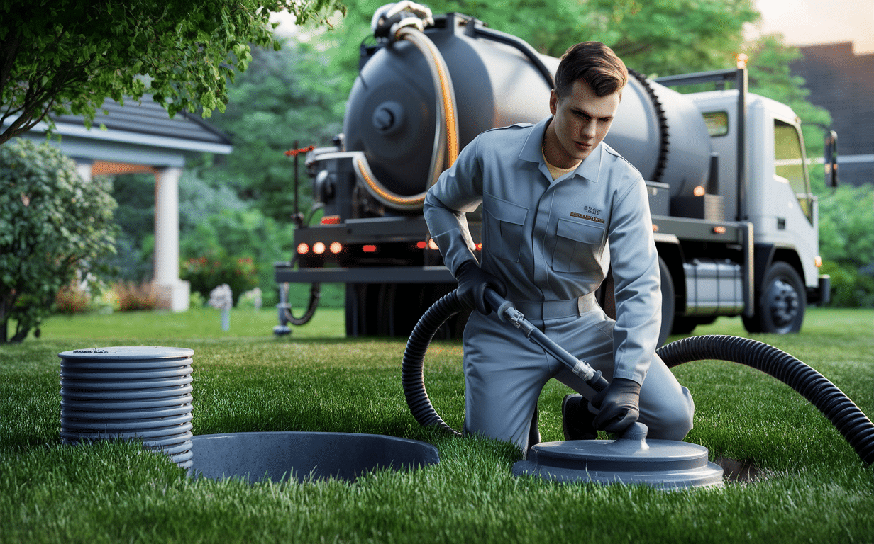 A professional septic tank service technician in uniform operates a hose to pump out a residential septic tank while working next to a specialized truck.