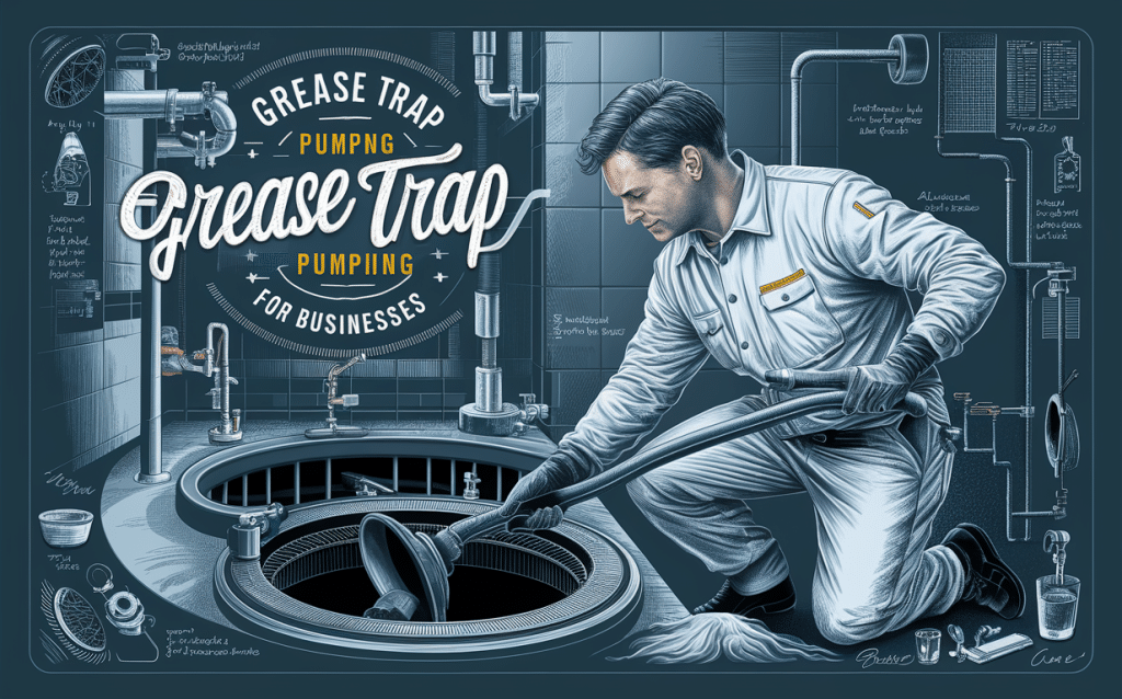 An illustration depicting a worker servicing a grease trap, surrounded by diagrams and information about grease trap pumping for businesses