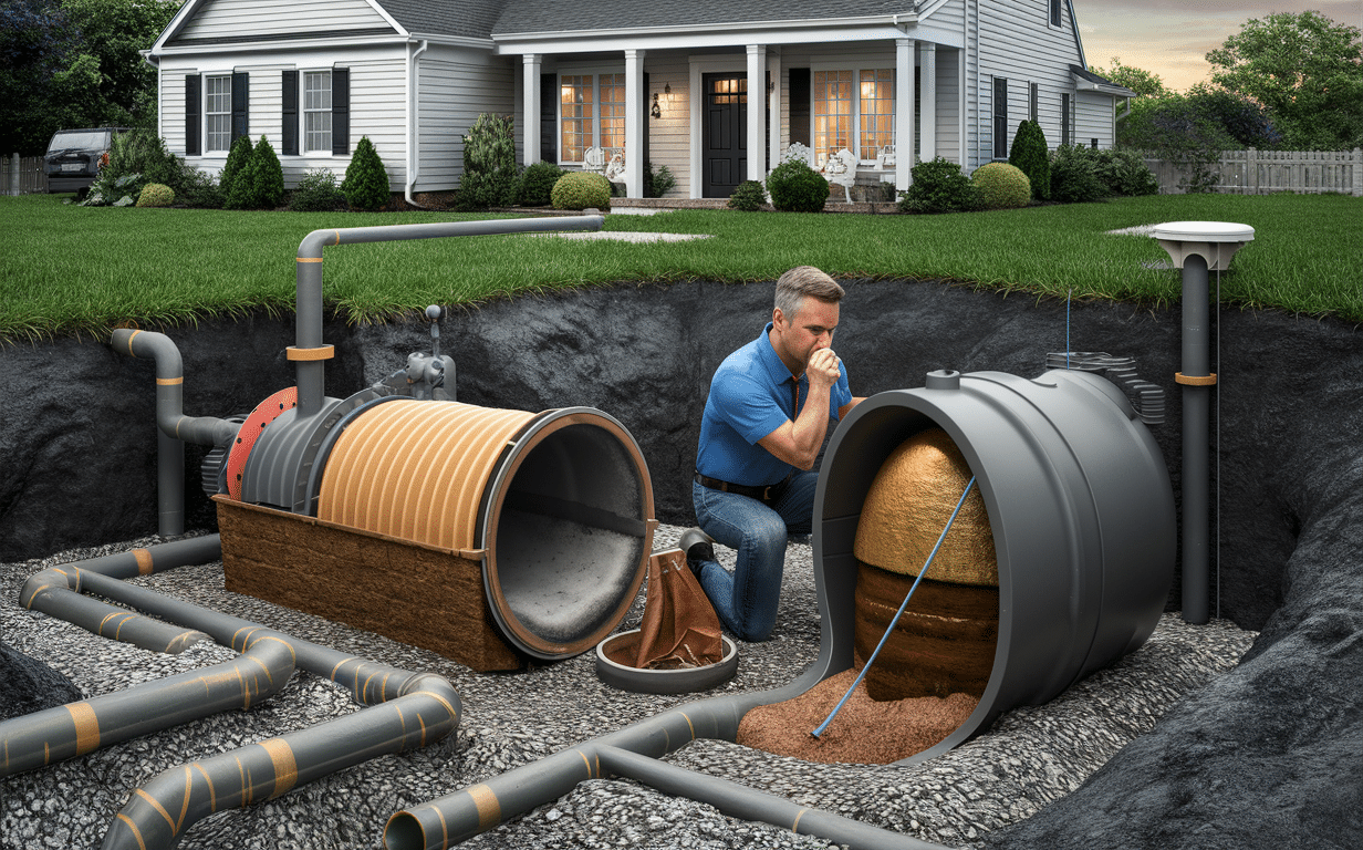 A technician inspecting and maintaining a residential septic system with a cross-section view of the tank components.