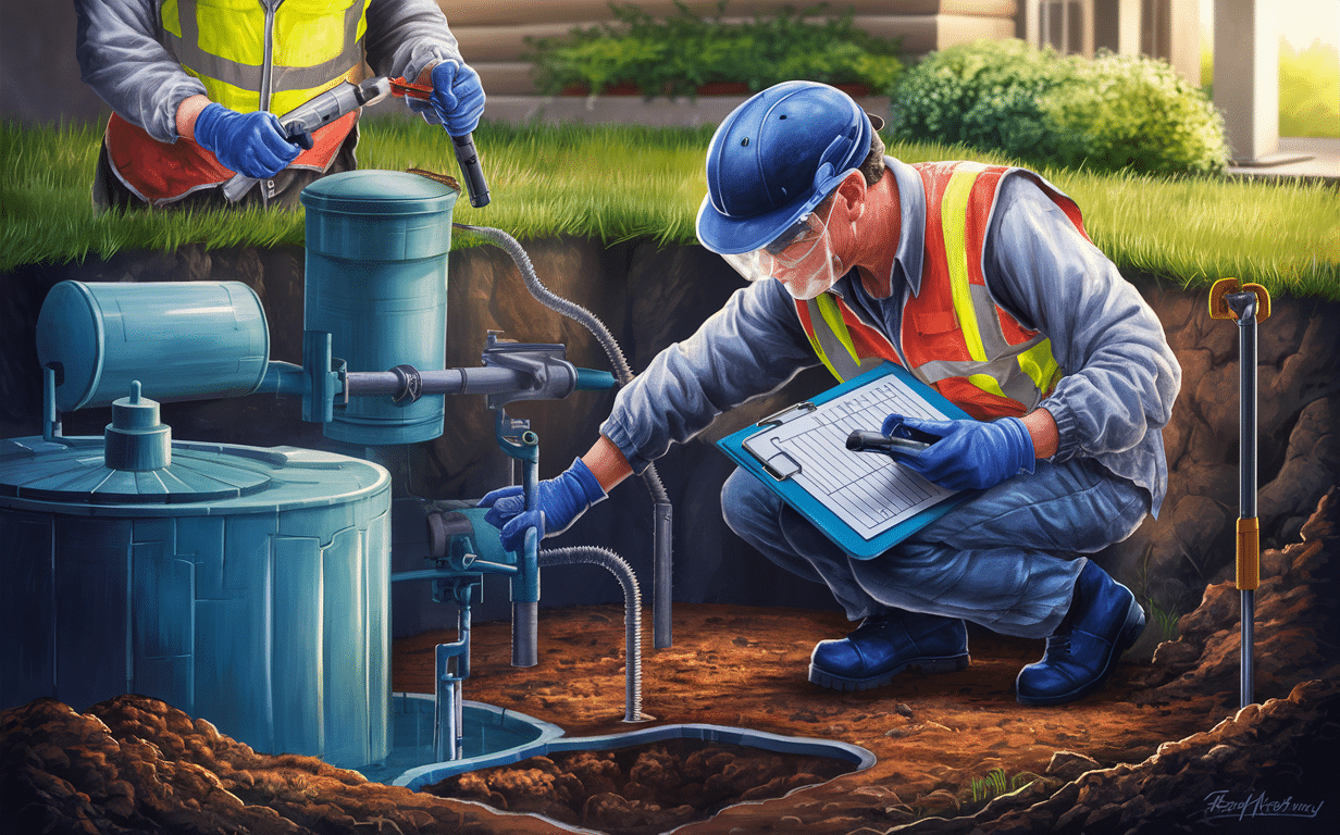 Two workers in safety gear inspecting and maintaining a septic system, with one examining the tank components and the other taking notes on a clipboard.