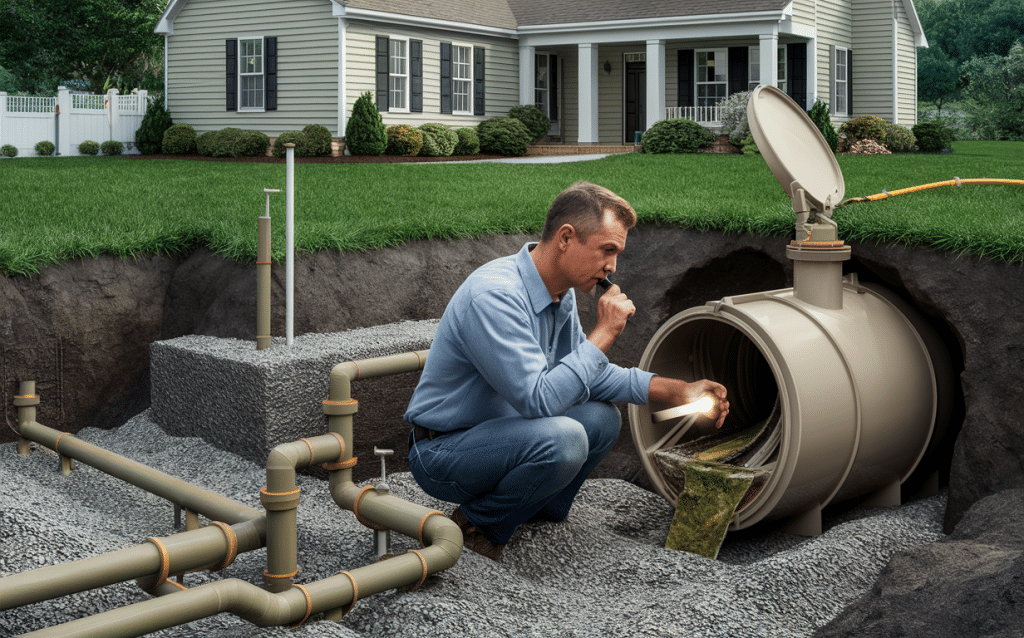 A man in business attire inspecting the septic tank and piping system of a residential property