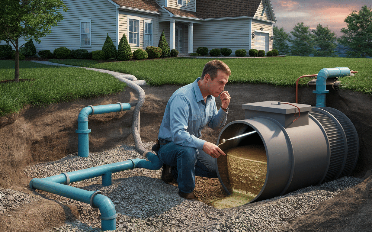 A man in business attire inspecting a septic tank and drainage pipes in the yard of a residential home