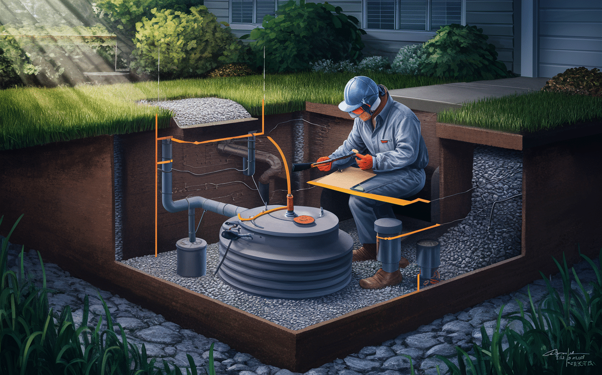 An illustration showing a cross-section of a septic system with a technician inspecting its components, including the septic tank, distribution box, and drain field.