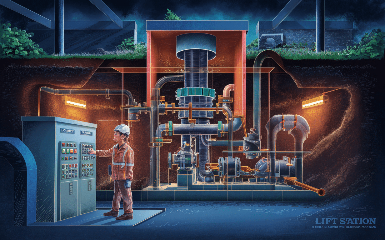 An illustrative cross-section view of a wastewater lift station showing the interior components such as pumps, pipes, control panels, and a worker performing maintenance tasks.