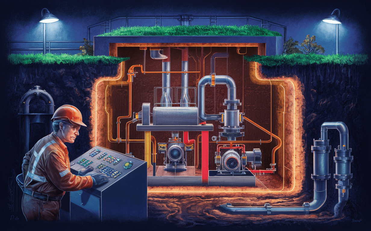 An illustration depicting an industrial lift station facility with complex machinery, pipes, and an operator controlling the system from a control panel. The scene showcases the inner workings of an essential wastewater management infrastructure.