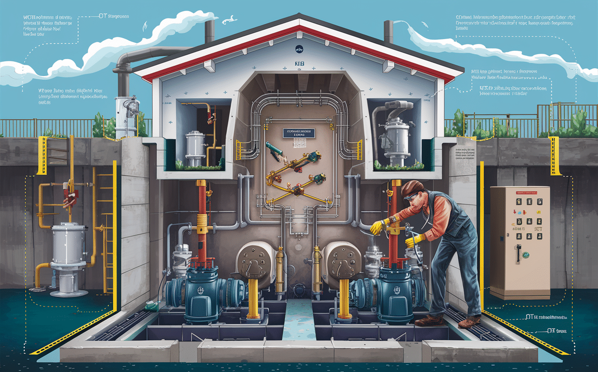 A detailed illustration showing the interior workings of a lift station, including pumps, pipes, control panels, and a worker operating the equipment. The image provides a visual representation of the essential components and processes involved in wastewater management through lift stations.