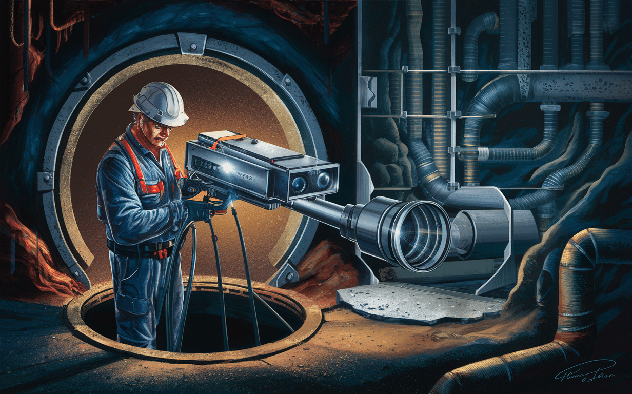 An illustration of a worker using a specialized camera to inspect sewer pipes in an industrial setting with a cityscape in the background.