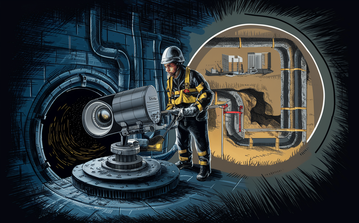 An illustration of a technician in protective gear operating a sewer inspection camera, revealing a view of underground pipes and infrastructure within a circular inset.