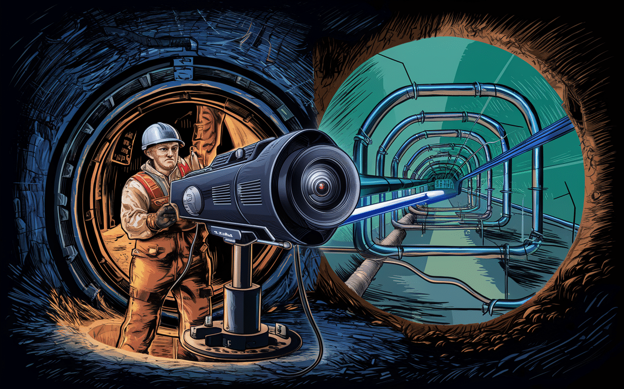 An illustration of a worker operating a sewer inspection camera to examine underground pipe systems, revealing potential issues and ensuring infrastructure integrity.
