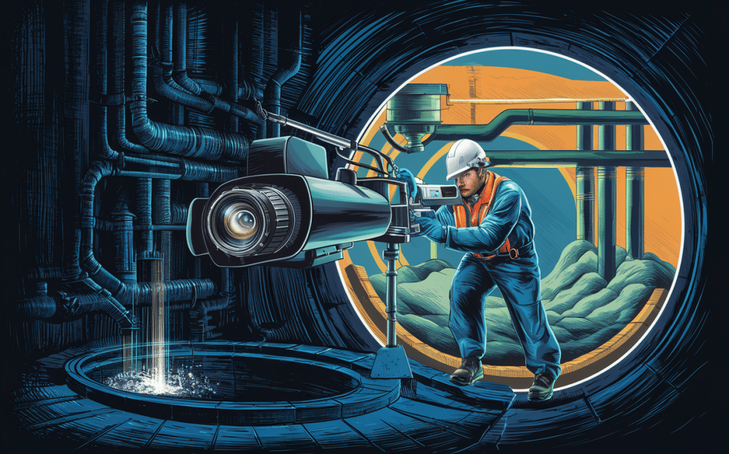 An illustration showing a worker operating a sewer camera inspection system to examine the condition of underground utility tunnels and pipelines, revealing potential issues that may need attention.