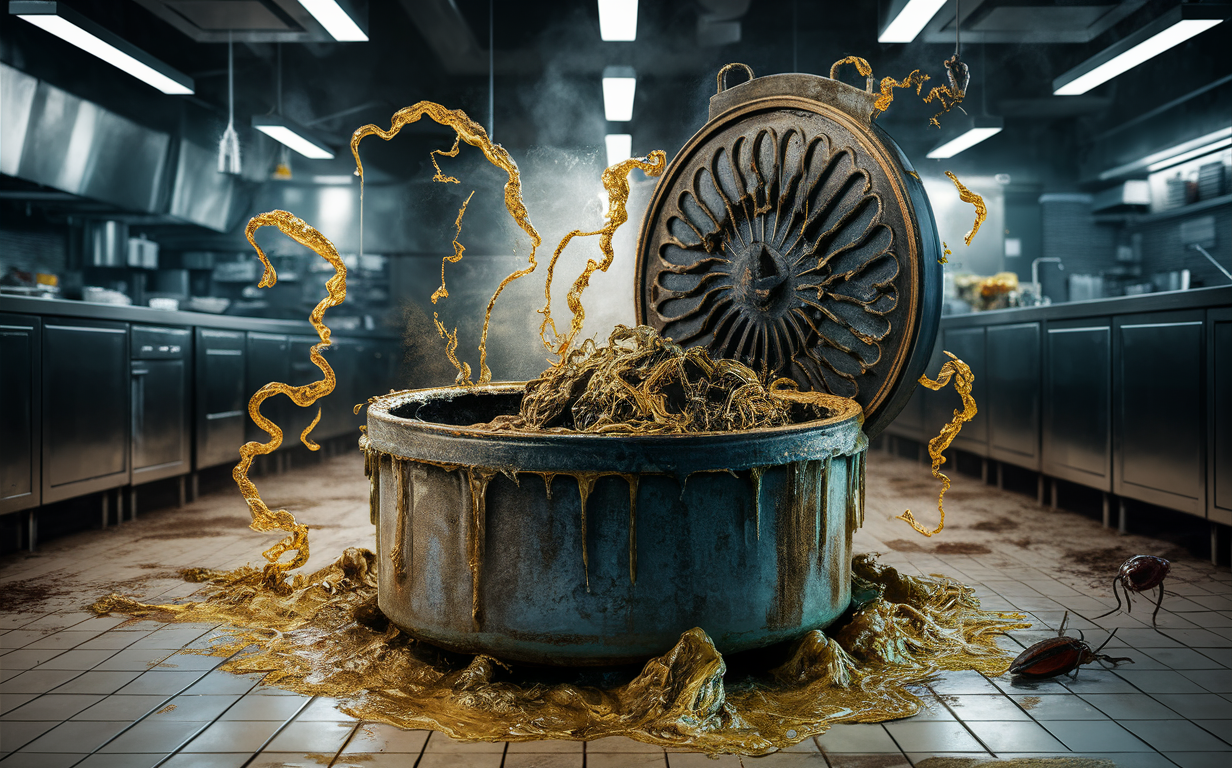 A grease trap in a commercial kitchen overflowing with thick golden grease that resembles molten metal or lava, with the grease wrapping around a large jet engine turbine fan in the center, creating a surreal and unsettling scene.