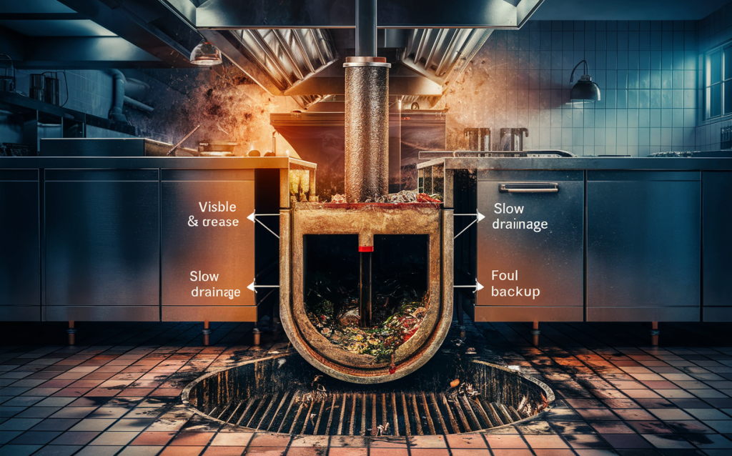 A grease trap in a commercial kitchen showing signs of needing pumping, with visible grease buildup, slow drainage, and foul backup indicated by arrows