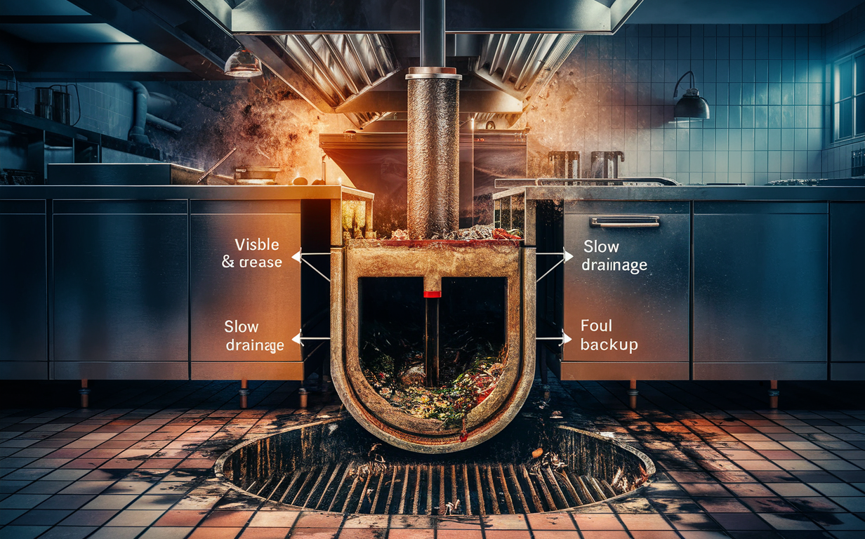 An illustration depicting various issues related to a neglected grease trap, including grease buildup, foul odors, slow drainage, and sewage backup, with text labels highlighting the problems.