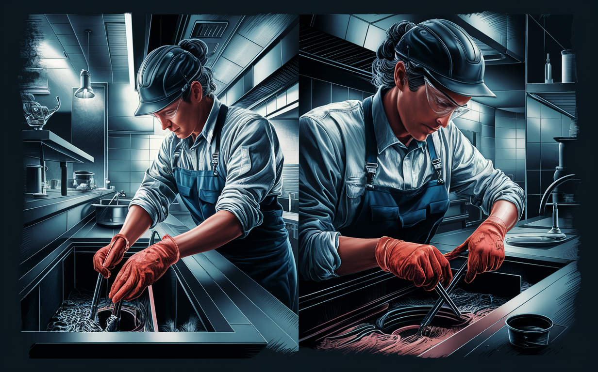 Illustration of two restaurant workers in uniform carefully cleaning and maintaining grease traps in a commercial kitchen