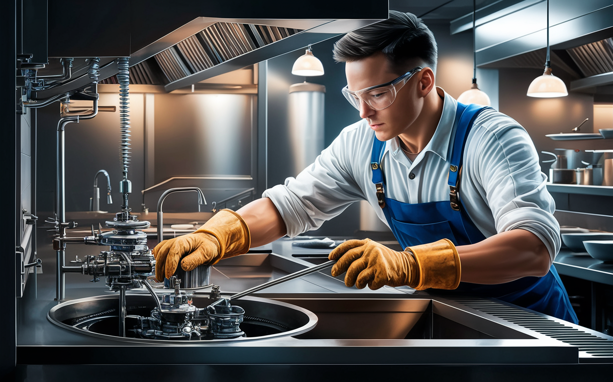 Two restaurant technicians in uniform maintaining a commercial grease trap in a professional kitchen setting, with detailed illustrations of recommended tools and techniques