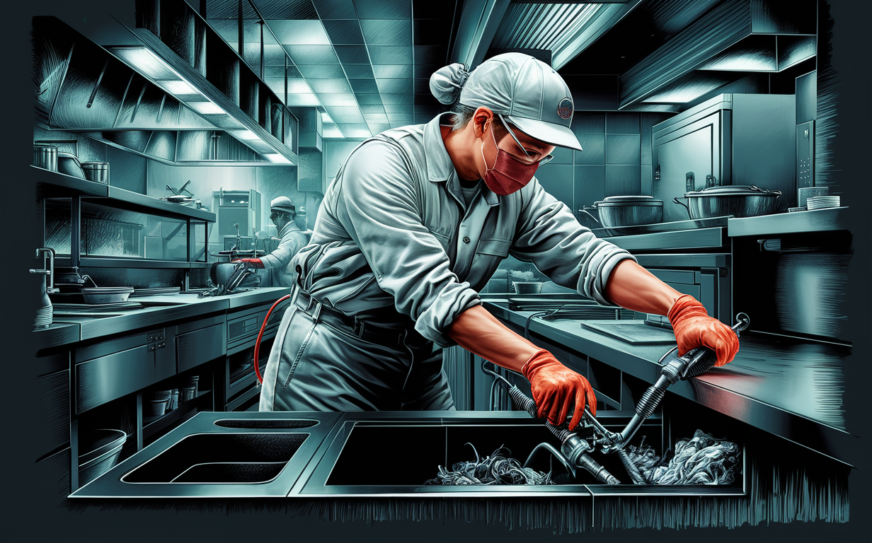 An illustration of two workers wearing protective gear and cleaning commercial grease traps in a restaurant kitchen