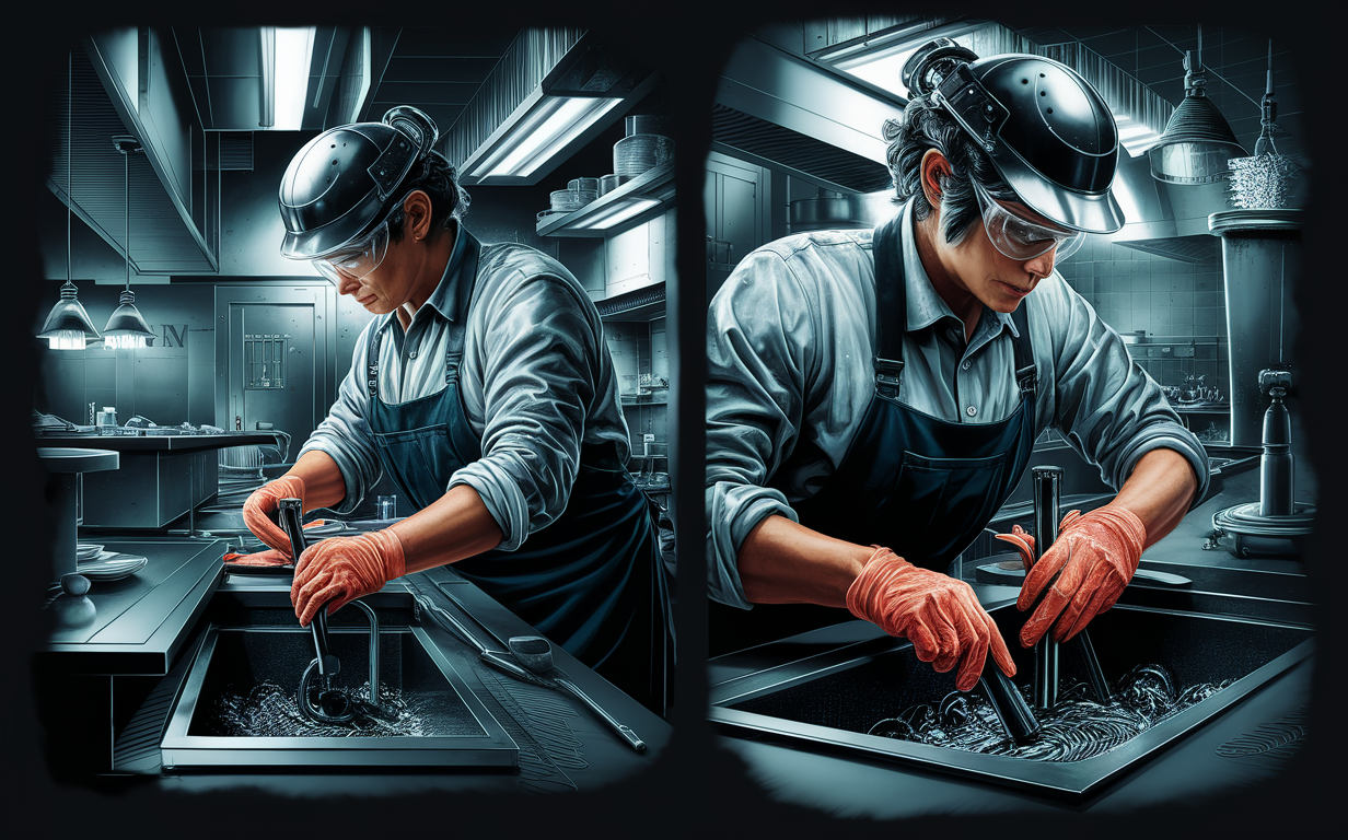 An illustration of a chef in a commercial kitchen cleaning out a grease trap with a vacuum hose, wearing protective gloves and a chef's uniform