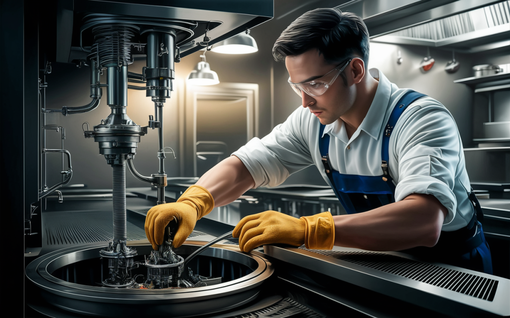 A technician wearing protective gloves and uniform inspecting and maintaining the grease trap system in a commercial restaurant kitchen