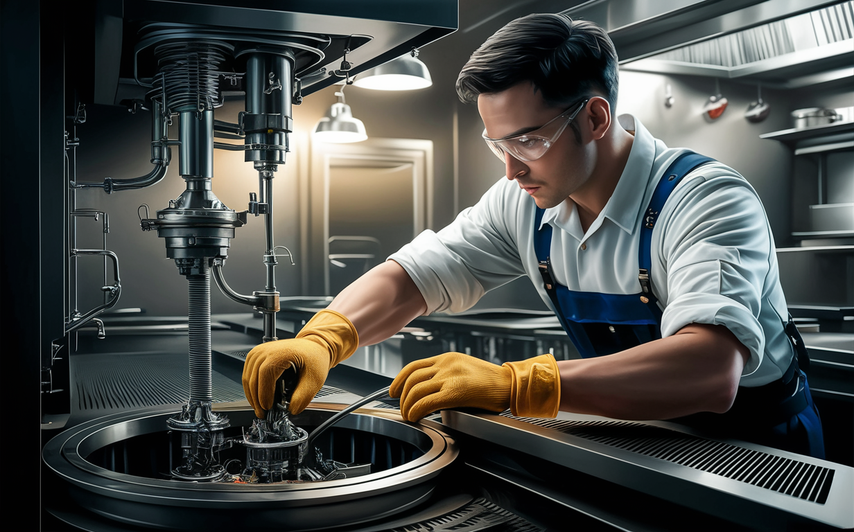 A restaurant worker in uniform is carefully maintaining and cleaning a large commercial grease trap in a restaurant kitchen, ensuring proper function and hygiene practices.