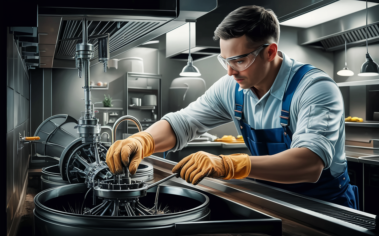 A focused chef wearing a white uniform and blue apron is carefully inspecting and maintaining the grease trap and other kitchen equipment in a modern commercial restaurant kitchen, demonstrating best practices for proper maintenance to ensure food safety and operational efficiency.