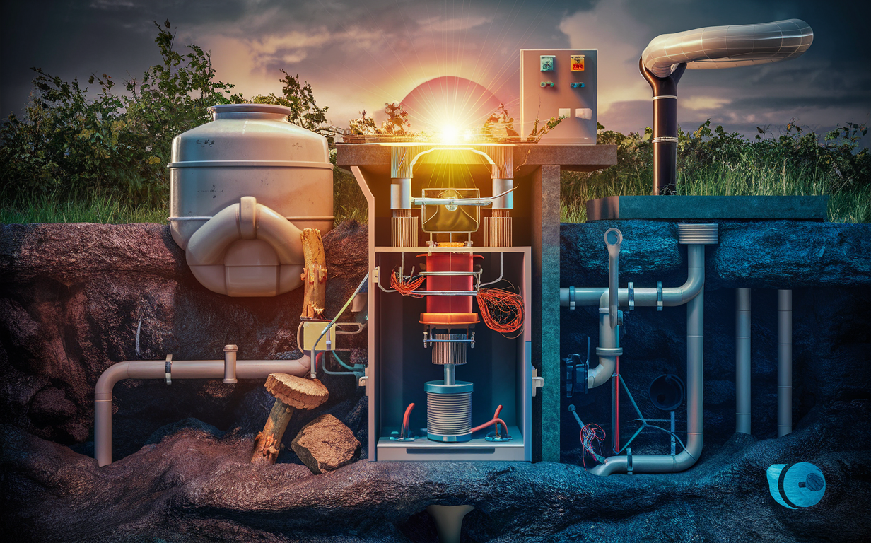 An illustration showing the internal components of a residential lift station and septic system, including a septic tank, pump basin, control panel, and vent pipe, set against a dramatic sunset landscape.