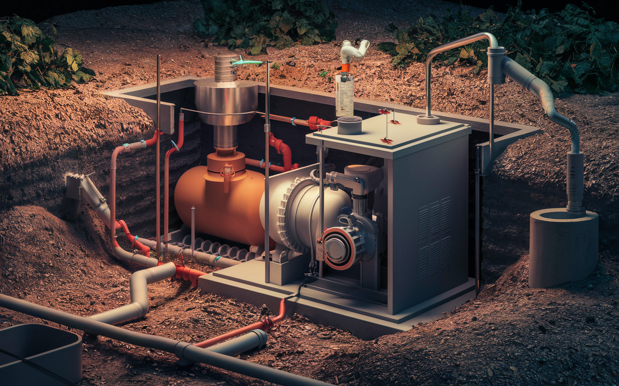 A detailed illustration showing the inner workings of a lift station used in septic systems. It depicts a worker operating and maintaining the equipment, including pumps, valves, and a control panel with instructions for troubleshooting common issues.