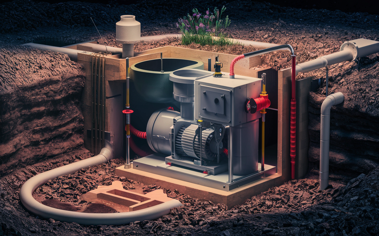 An underground lift station with pumps and pipes for handling residential wastewater from septic systems, installed in a landscaped yard with plants.