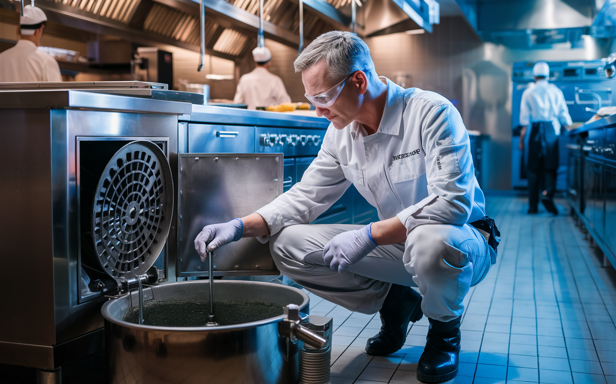 A technician wearing protective gear inspects and services a commercial kitchen grease trap, ensuring compliance with local regulations and codes for proper maintenance.