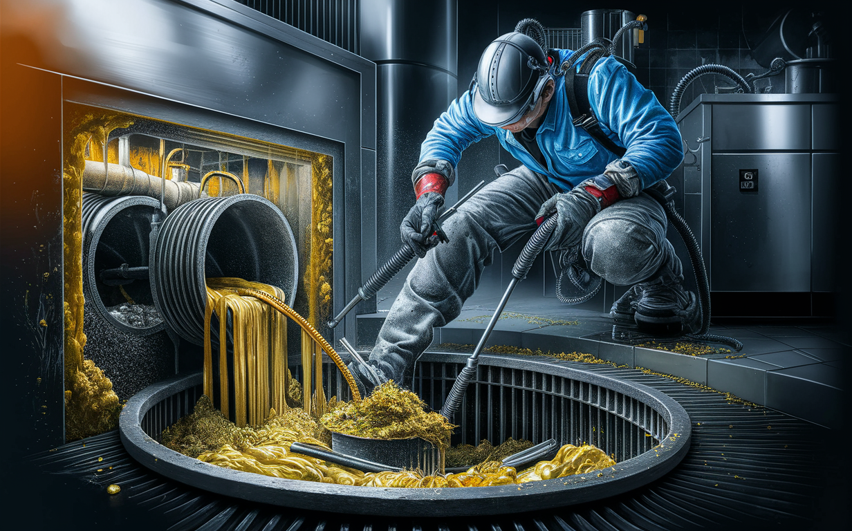 A worker wearing protective gear and using specialized equipment to pump out grease and solids from a commercial grease trap