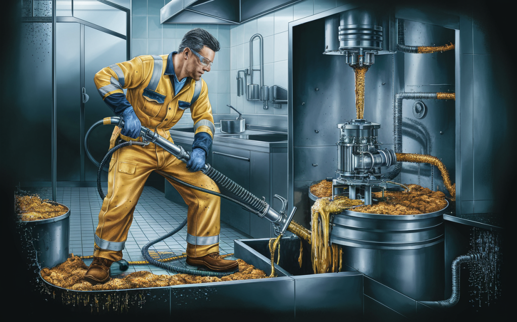 Two workers in protective gear using industrial hoses to remove grease, oils, and solids from a commercial kitchen grease trap