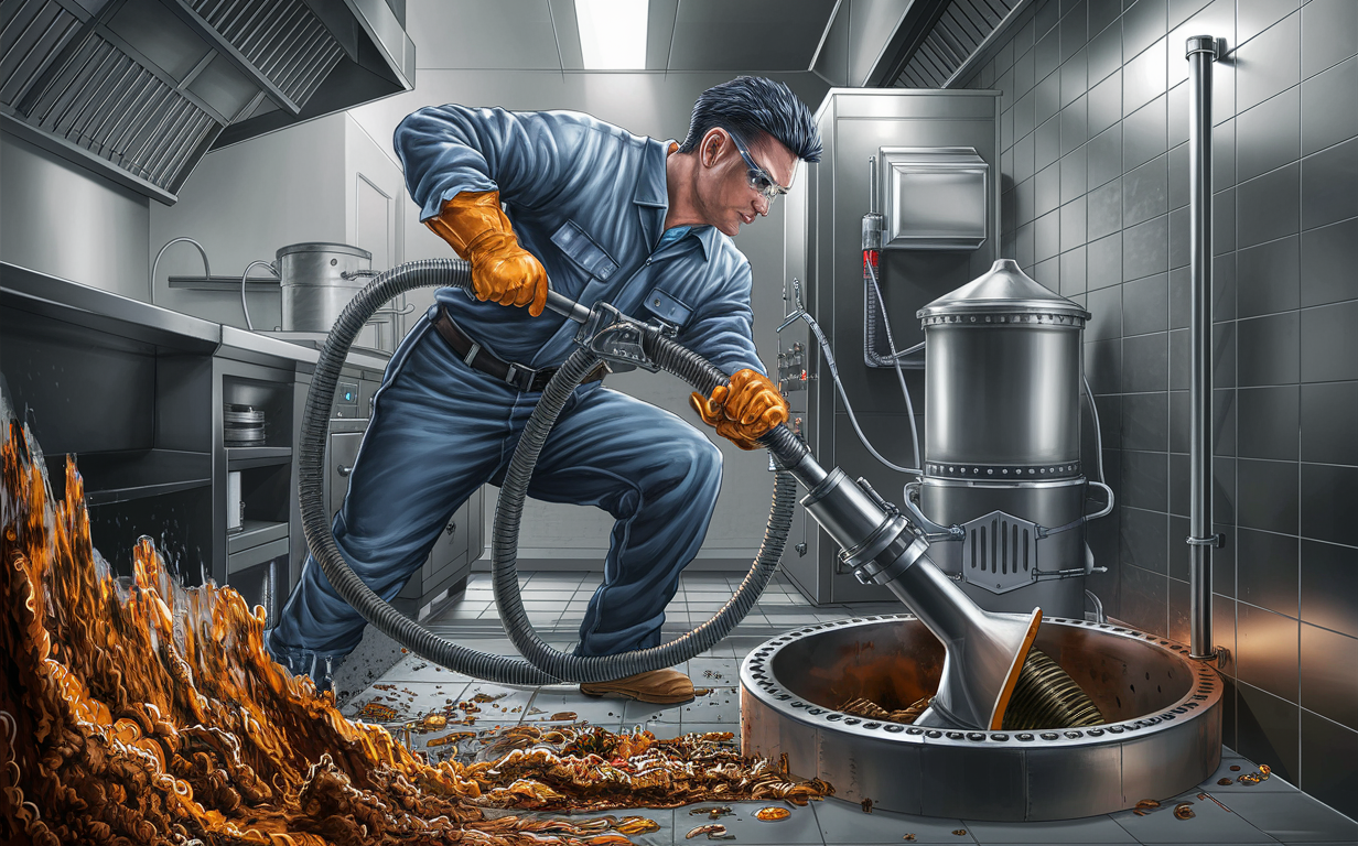 A worker in protective gear using a powerful vacuum to remove grease, oils, and solids from a grease trap in a commercial kitchen