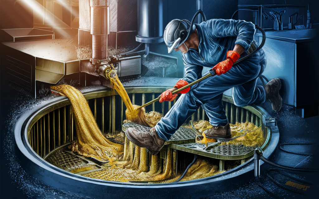 A worker wearing protective gear is using a long tool to remove solidified grease and food waste from a commercial grease trap, with golden-colored grease and debris surrounding the open trap. Factors Influencing Grease Trap Pumping Frequency
