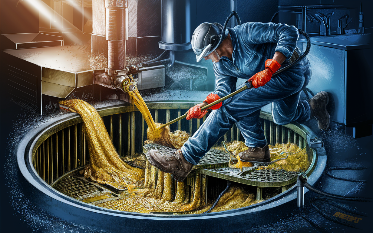 A worker wearing protective gear is using a long tool to remove solidified grease and food waste from a commercial grease trap, with golden-colored grease and debris surrounding the open trap