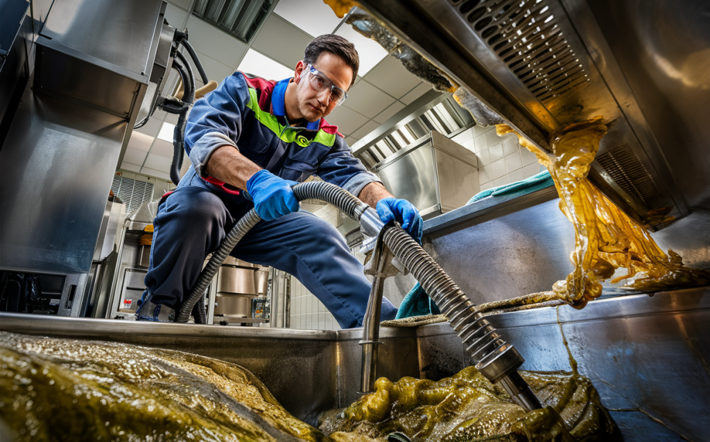 A worker wearing protective overalls and gloves is using a hose to pump out grease and solids from a commercial grease trap in a restaurant kitchen. Recommended Grease Trap Pumping Schedule