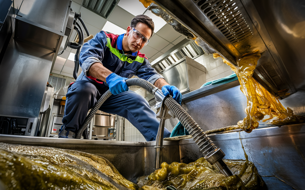 A worker wearing protective overalls and gloves is using a hose to pump out grease and solids from a commercial grease trap in a restaurant kitchen