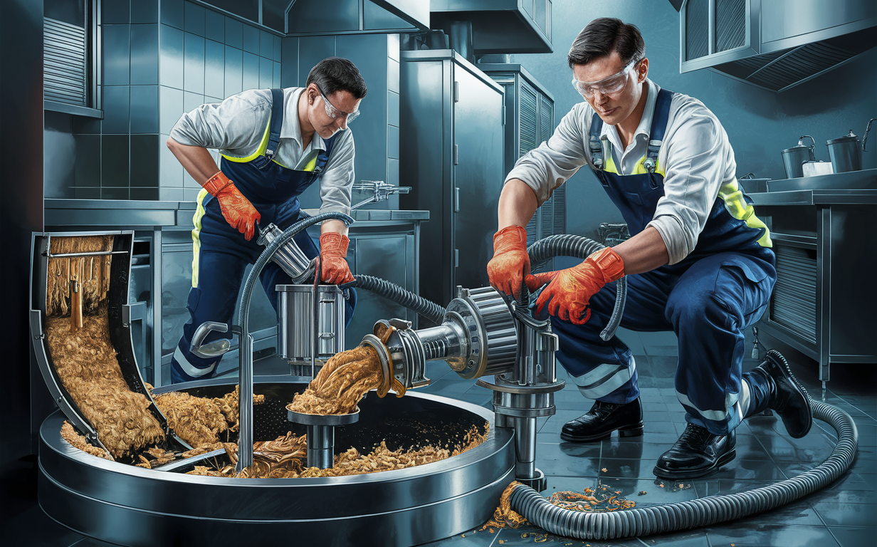 A worker in protective gear using a powerful vacuum to remove grease, oils, and solids from a grease trap in a commercial kitchen setting