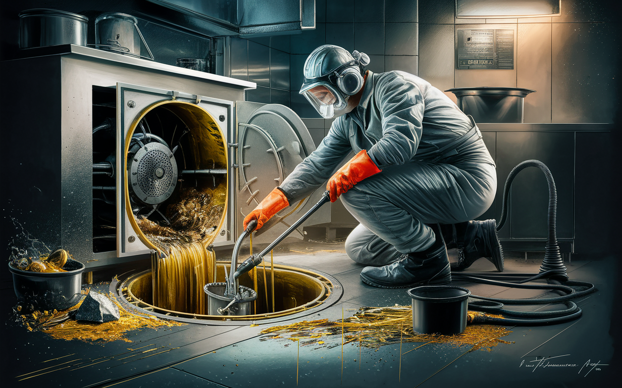 A worker in protective gear cleaning and removing grease buildup from a large industrial grease trap