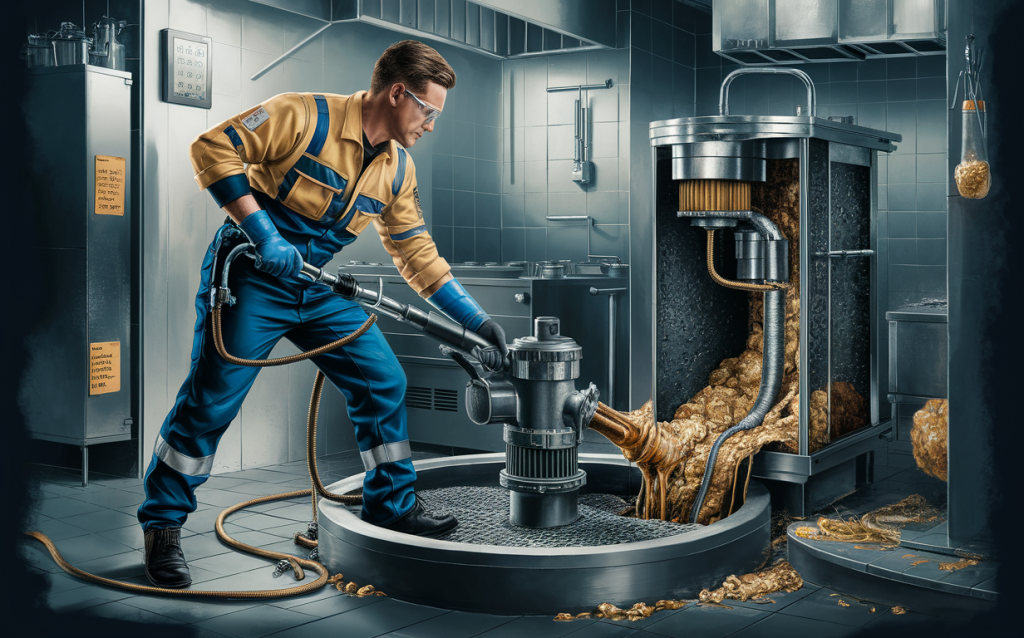 A worker in protective gear operating a specialized machine to pump out and clean a commercial grease trap filled with cooking oils and food solids