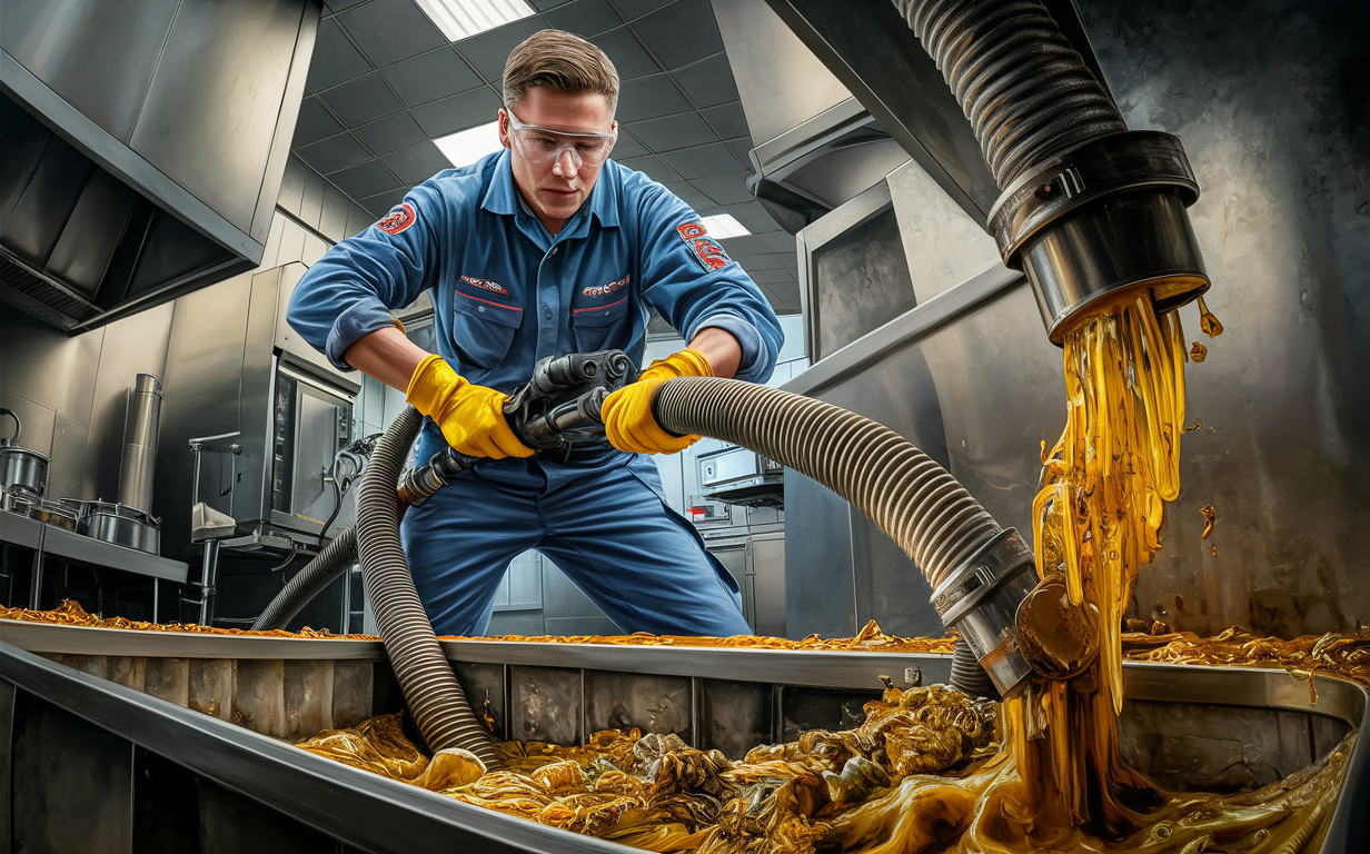 A worker wearing protective gear operates a hose to remove grease and solids from a commercial grease trap