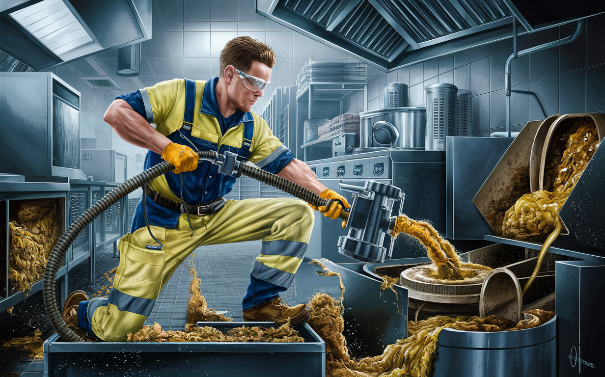 A worker wearing protective gear maintains an industrial grease trap, removing accumulated oils and solids from the machinery using hoses and tools in a dimly lit factory setting with golden liquid splatters.