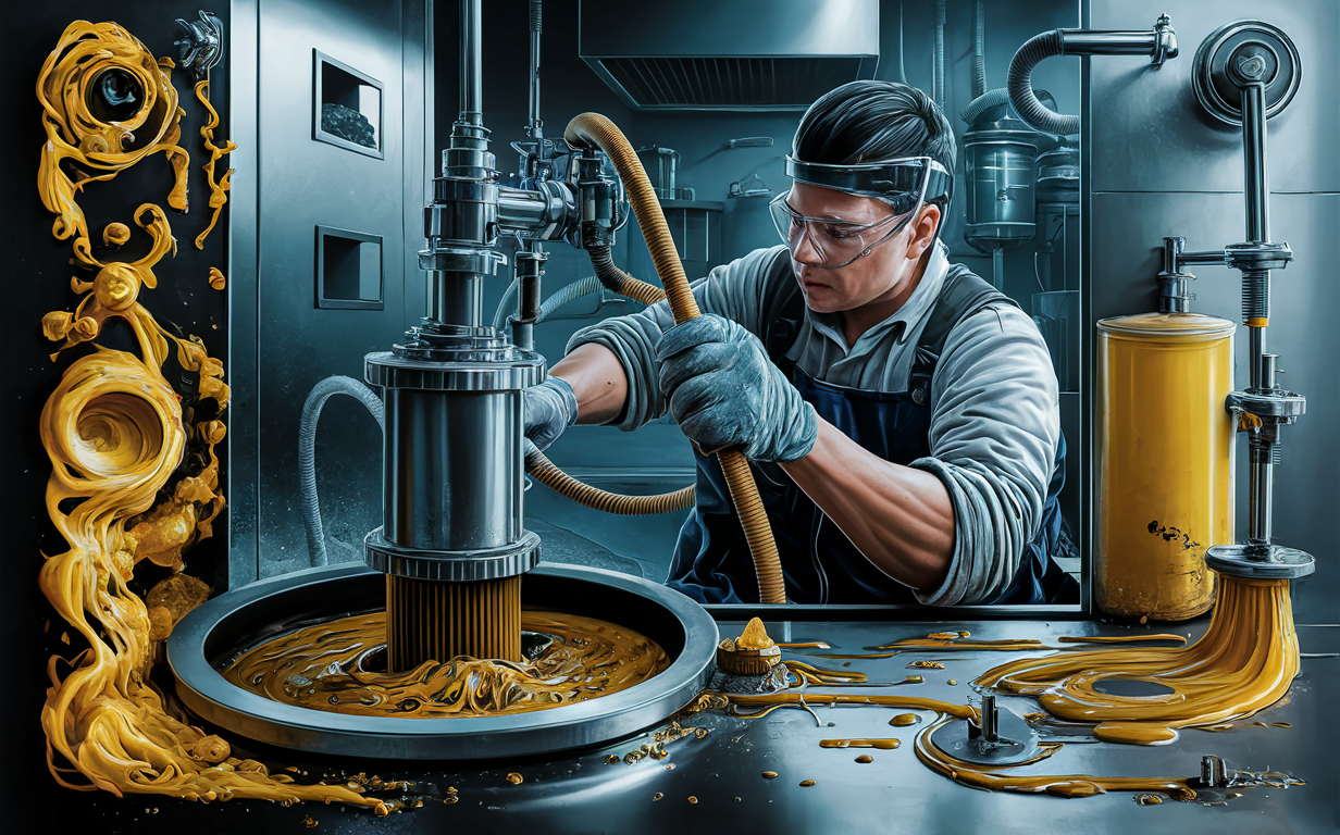 A worker wearing protective gear and using a powerful vacuum hose to remove grease, oils, and solids from a grease trap in a commercial kitchen setting