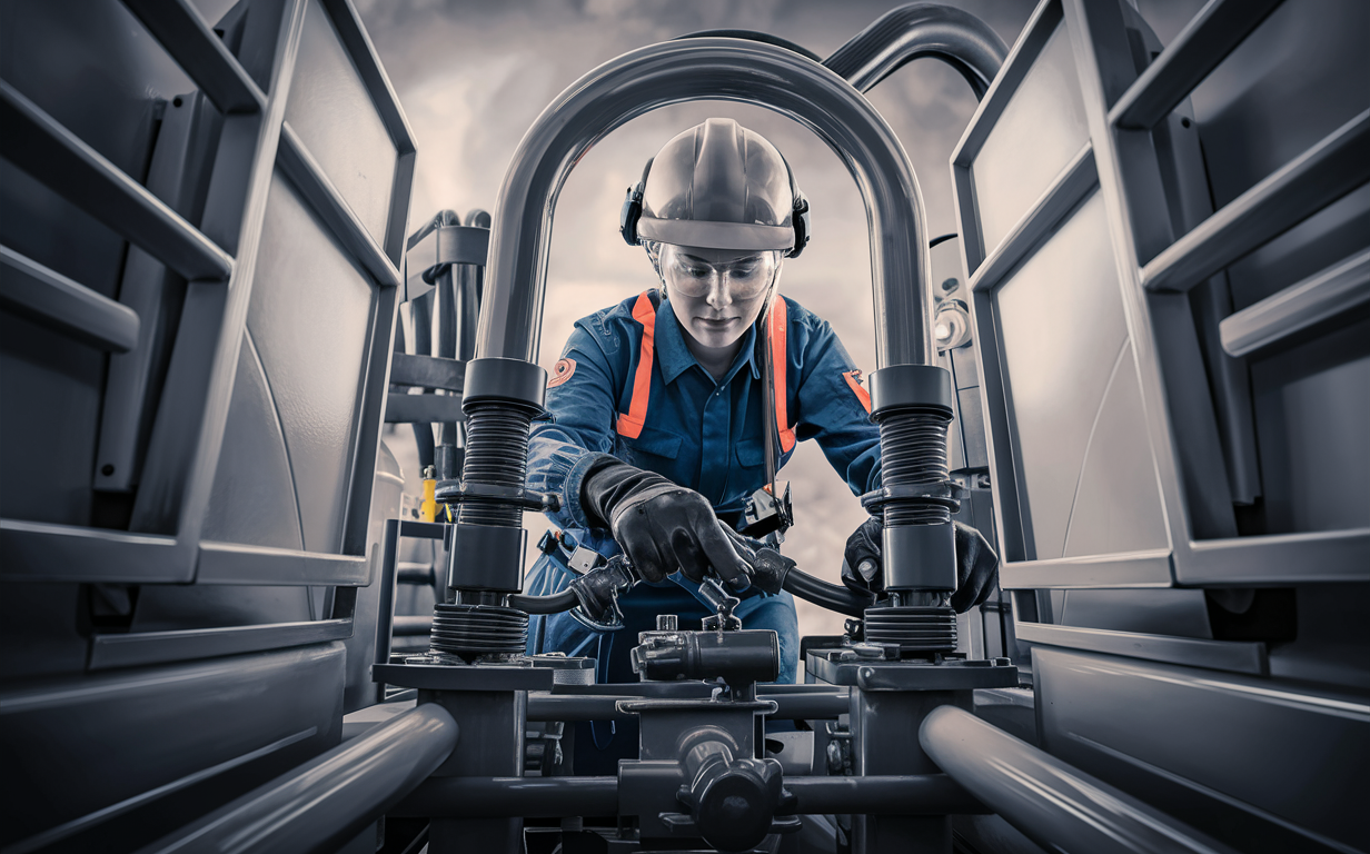 A worker wearing a high-visibility safety uniform is performing maintenance on industrial machinery and piping systems in a dimly lit pump station, surrounded by warning signs and complex equipment.