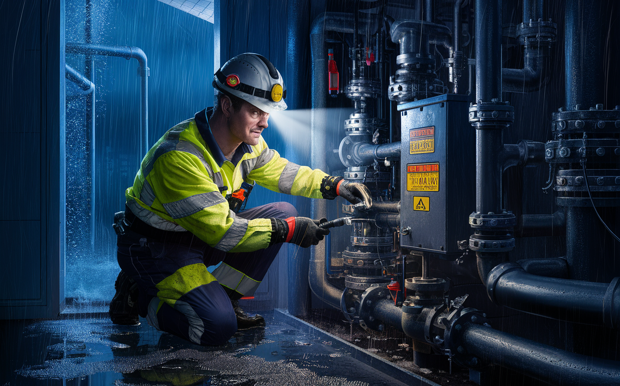 A worker wearing a hard hat and safety gear is inspecting and maintaining large industrial pumps inside a lift station equipment area.