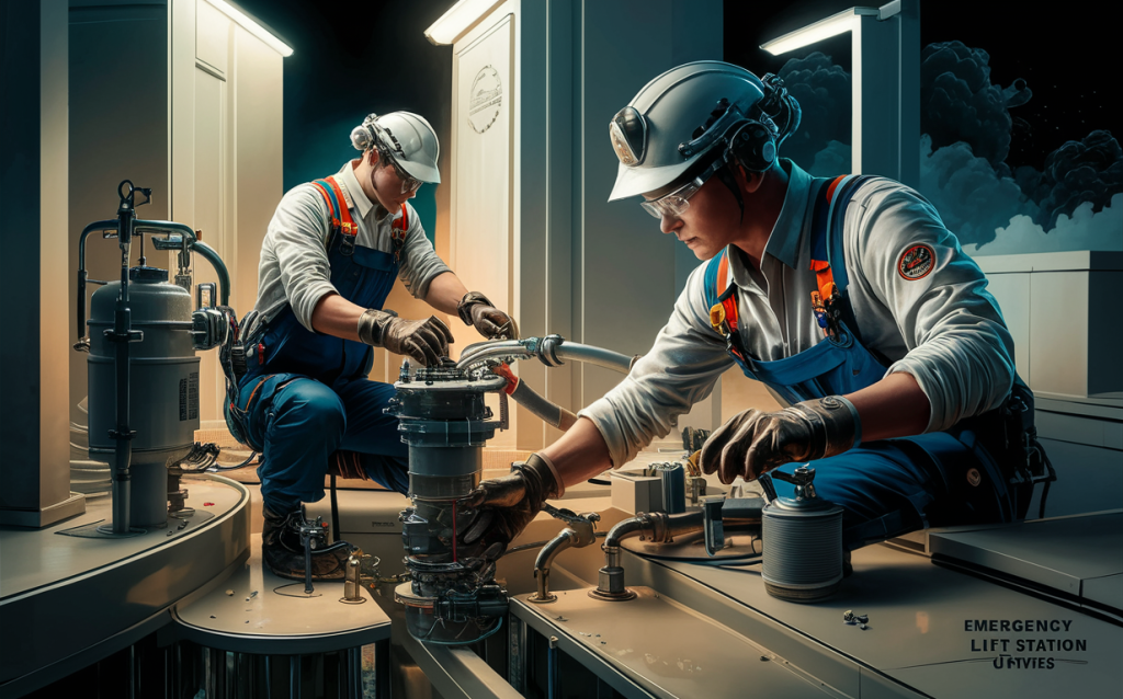 Two technicians in protective gear working on repairing and maintaining emergency lift station equipment