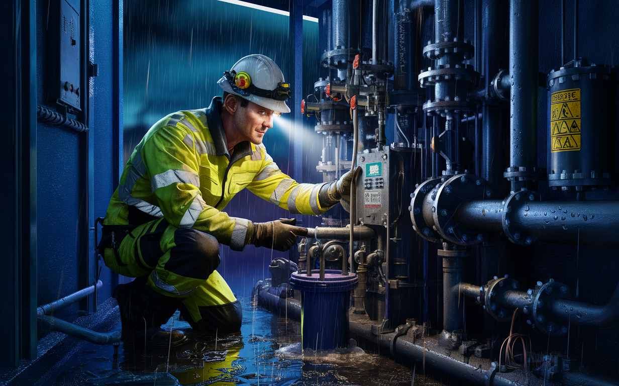 A worker wearing protective gear and a hard hat is kneeling and adjusting valves on large industrial machinery with pipes and warning signs in a pump station setting.