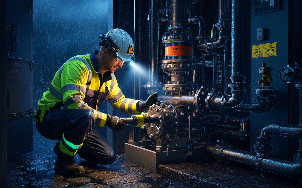 A worker wearing a yellow safety vest and hardhat is operating valves on a large industrial pump system in a dimly lit facility, with warning signs visible on the equipment.