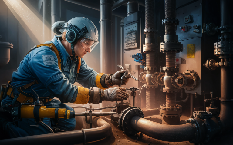 An industrial worker in protective gear and helmet carefully adjusting valves and equipment in a pump station filled with pipes and machinery