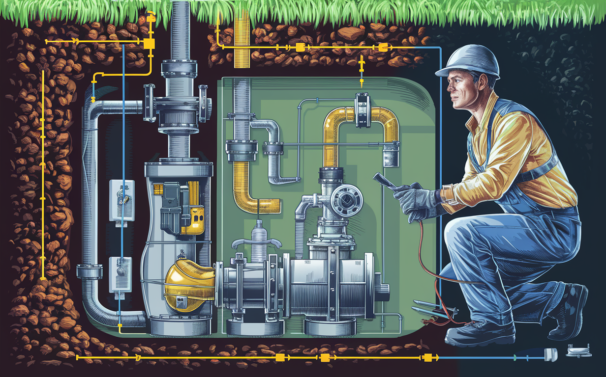 An illustration depicting a technician performing maintenance on the intricate components of a lift station in a septic system, ensuring its optimal performance.