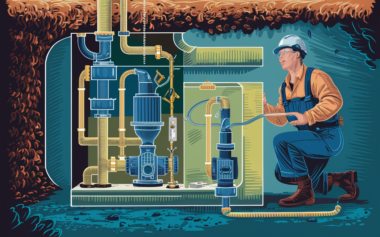 An illustration showing the maintenance of a septic system lift station, with a worker inspecting and servicing the pumps, pipes, and control equipment underground.