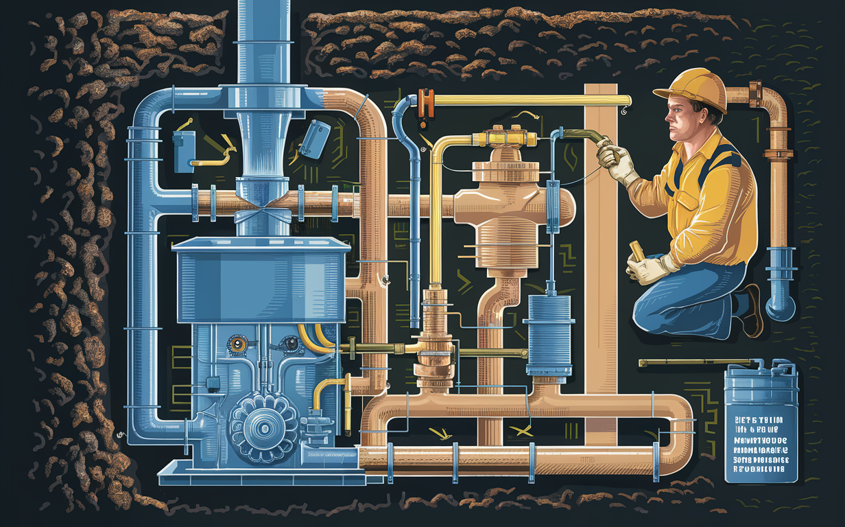 A worker in a hard hat and uniform is performing maintenance on the control panel of a lift station, adjusting valves and gauges among the complex array of pipes and equipment.